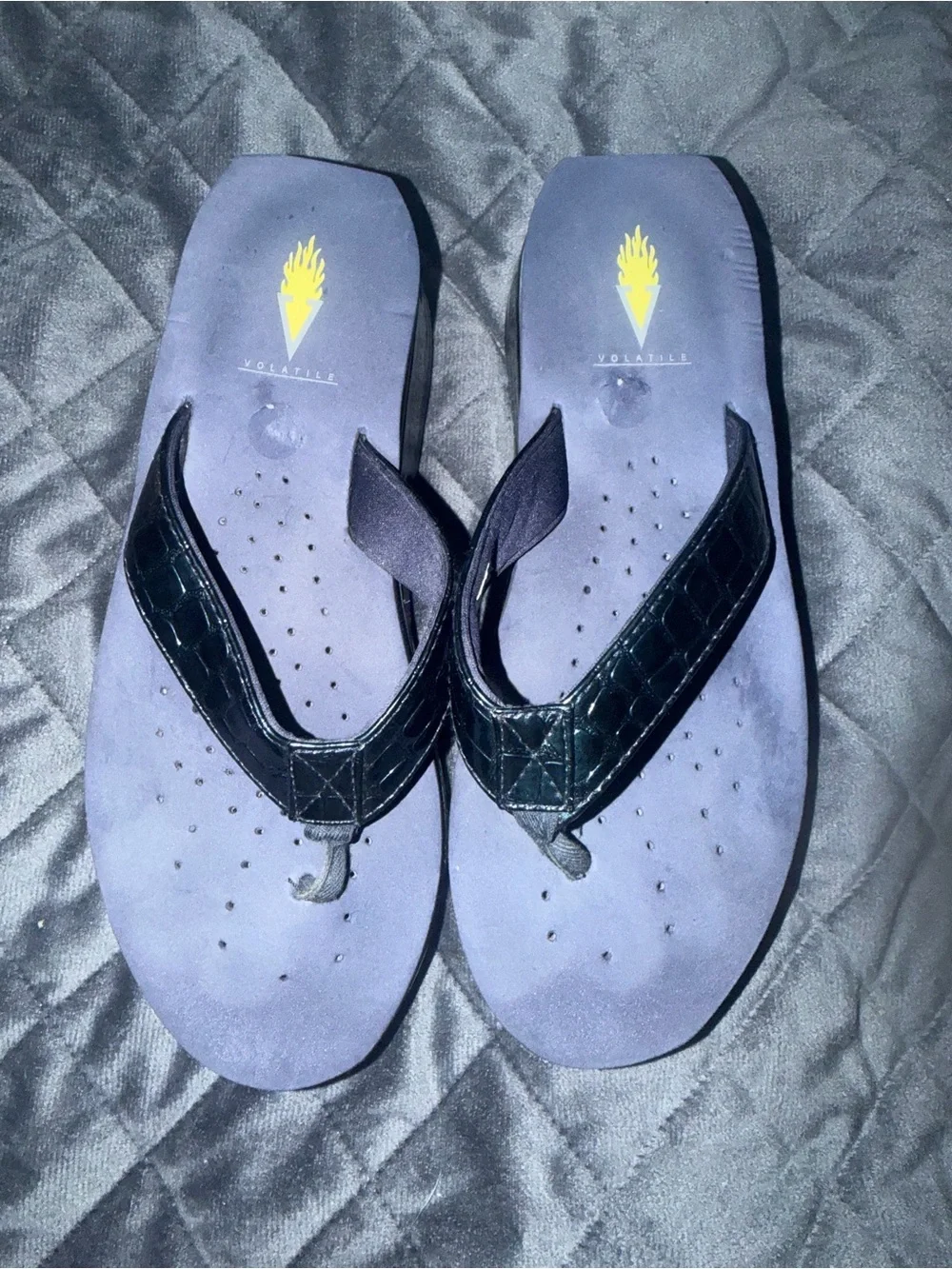 Volatile Navy Blue Flip Flops with Black Croc-Texture Thongs